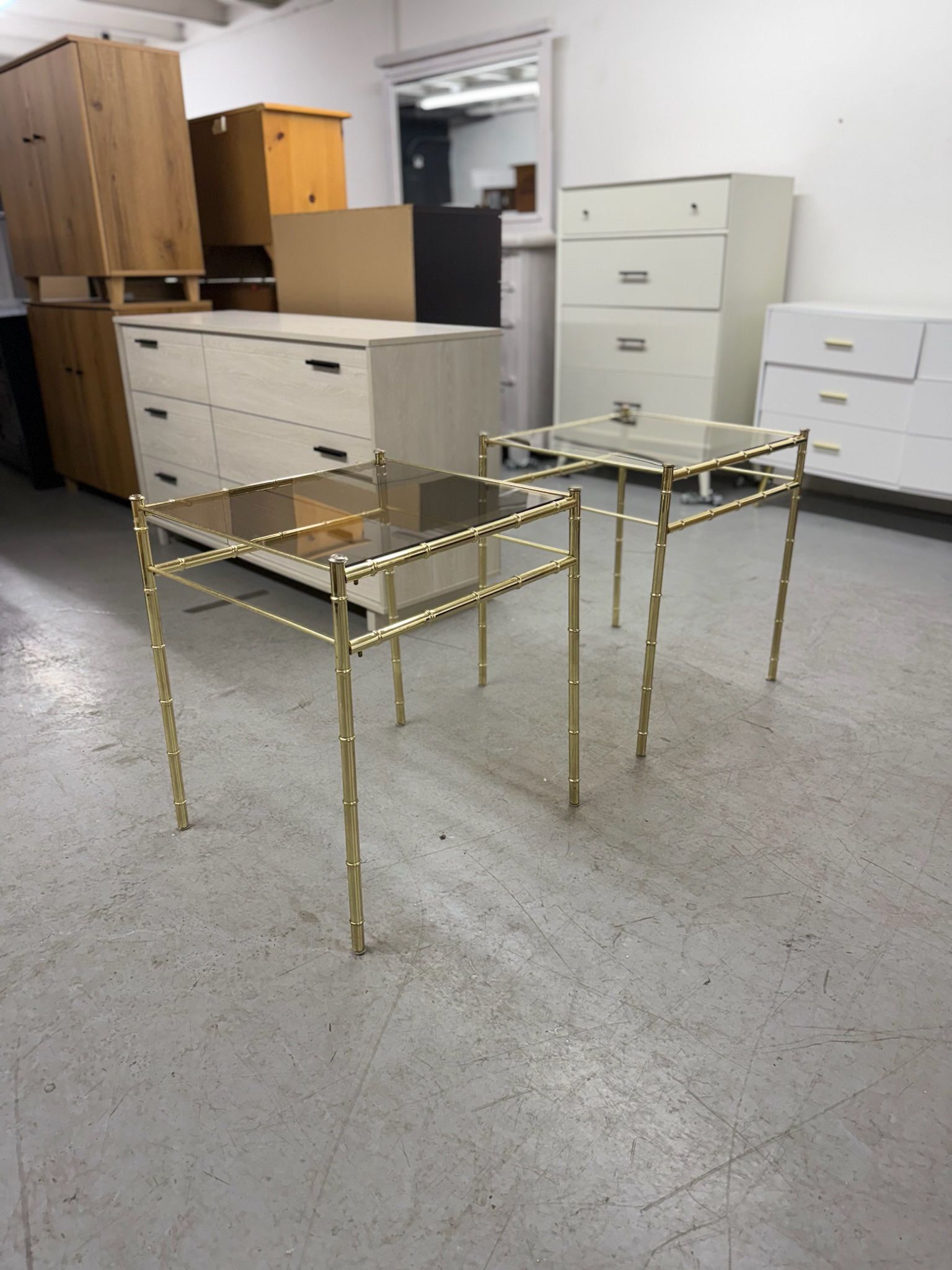 2 Vintage / Antique Gold Bamboo Glass Top Nightstands/ Nightstand Set / End Tables / Side Tables
