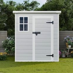 New in Box 6 x 6 FT Resin Outdoor Storage Shed Waterproof Shed w/ Floor Two Windows & Lockable Door