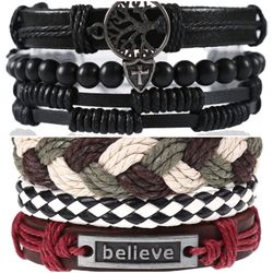 2 x Set Adjust. Size up to 9.5inc Leather Bracelet, Tree of Life (Black-Believe_1)
