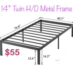  14” Twin Metal Heavy Duty Platform Bed Frame, Mattress Not Included 