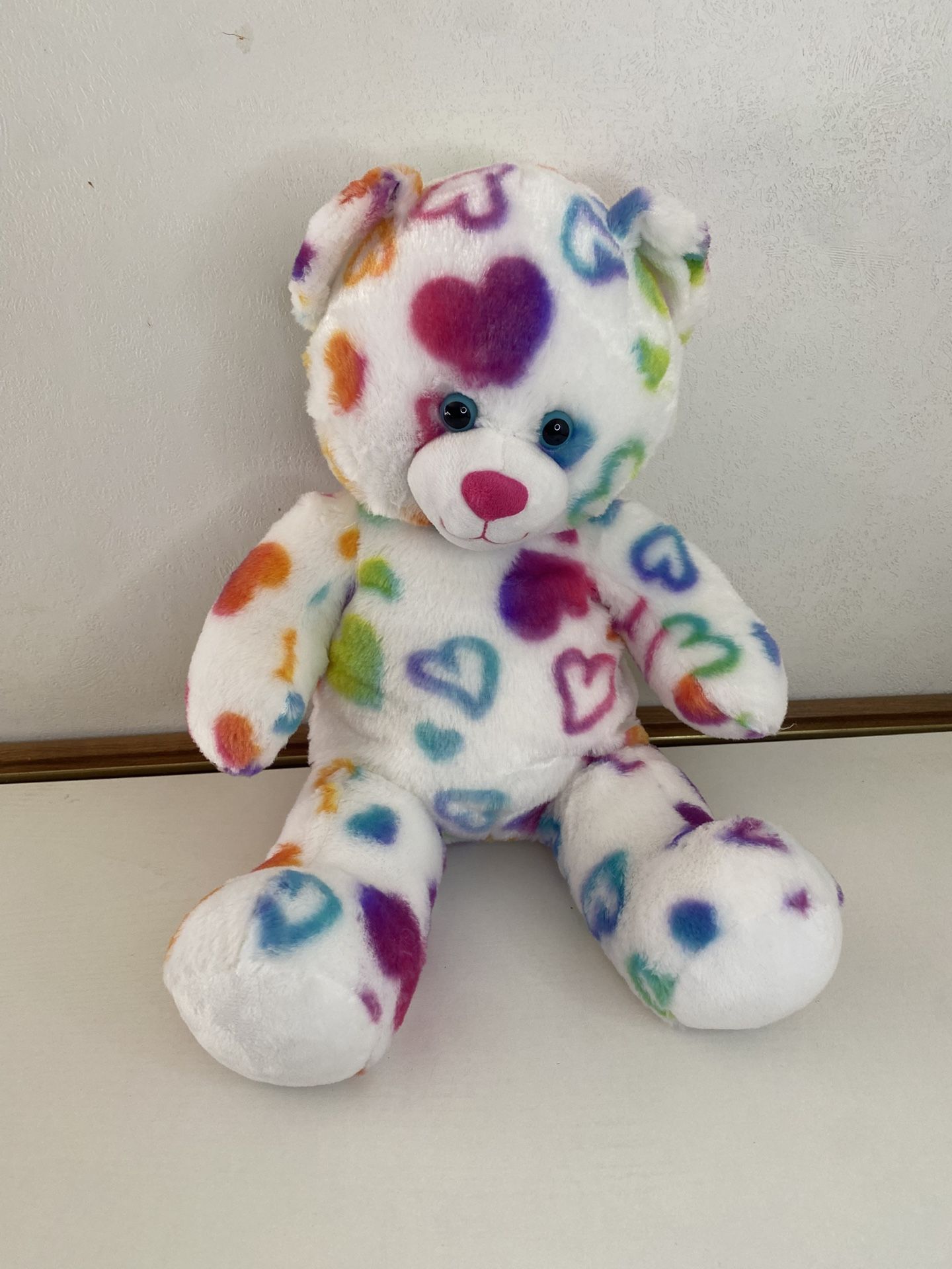 Build a Bear White Bear w/Multi Color Hearts 18" Plush Stuffed Animal Toy