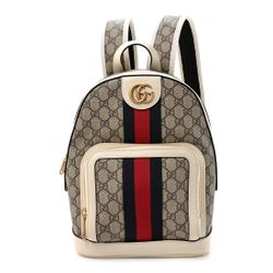Gucci Ophidia GG Supreme Small backpack featuring white leather trim and a iconic web stripe