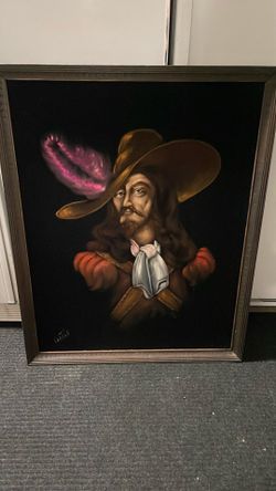 Retro Funky Folk Art -  Vintage Oil on Black Velvet - Cortes Signed  Musketeer Painting