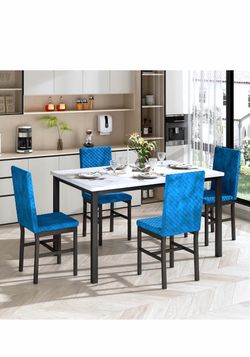 Recaceik Dining Table Set for 4, Modern 5 Piece Dining Table Set Faux Marble Kitchen Table & 4 Velvet Upholstered Chairs, Dining Room Set for Small Sp