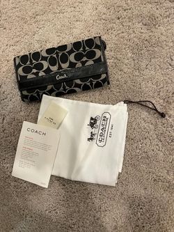 Coach Signature Slim Wallet Black Gray Canvas Jacquard Patent Leather Trim Trifold Dust Bag Included