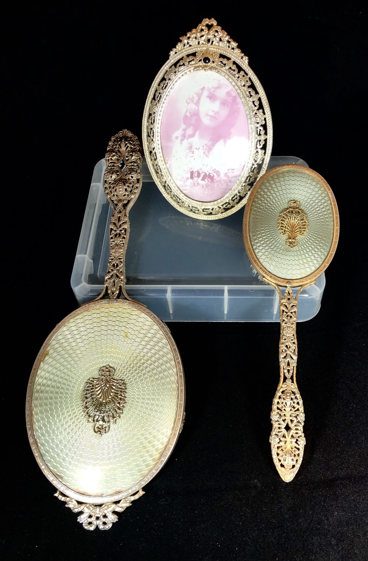 Vintage Metal Lace Mirror & Brush Set w/ Peacock-type Design & a Frame