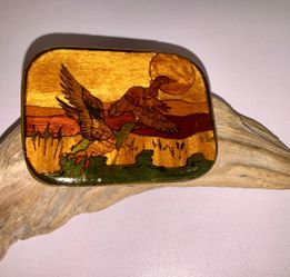 Vintage Harmony Metal Solid Brass Belt Buckle Colorado USA Ducks Hunting Scene
