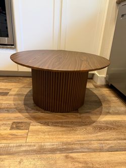 Round Wood Coffee Table with Slatted Drum Base