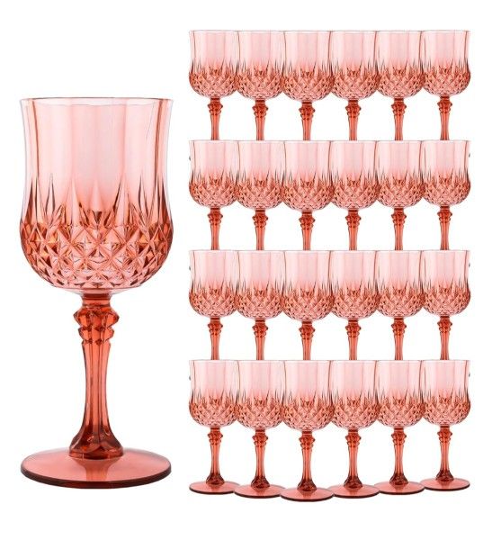 Plastic Wine Glasses,Plastic Goblets Vintage Style Cordial Drinking Glasses for Wedding Reception, Grand Event Party Supplies (15, Rose Gold)