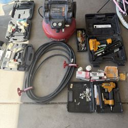 1 Air Compressor, hose, Compressor Fittings, 4 Nail guns, nails