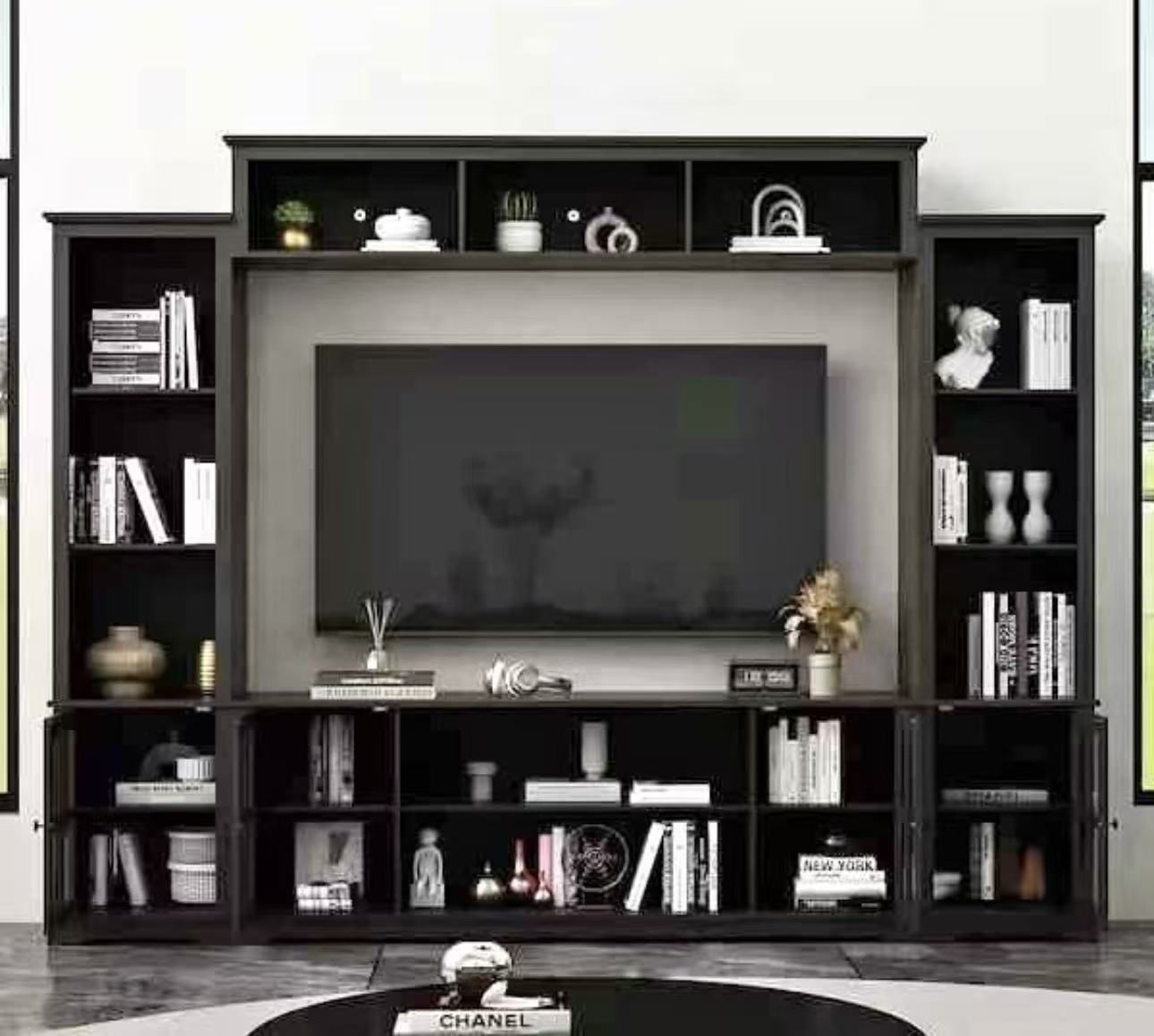 TV Stand Fits TV's up to 75 in. with Top Open Shelves, Bookcase and Tempered Glass Door Cabinet $240