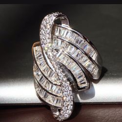 VALENTINES GIFT 🎁 * Elegant Baguette Created White Sapphire Cocktail Ring Stamped 925 SZ  7 Or 10 *See My Other 800 Items*p