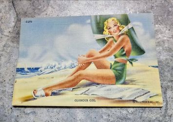 Vintage Linen Post Card 1943 • Card # C-270 • Glamor Girl- By : Curt Tech ,Co, Inc. C.T. Stream -Line • Bathing Beauties • Measures: 3-1/2"-Long X 5-1