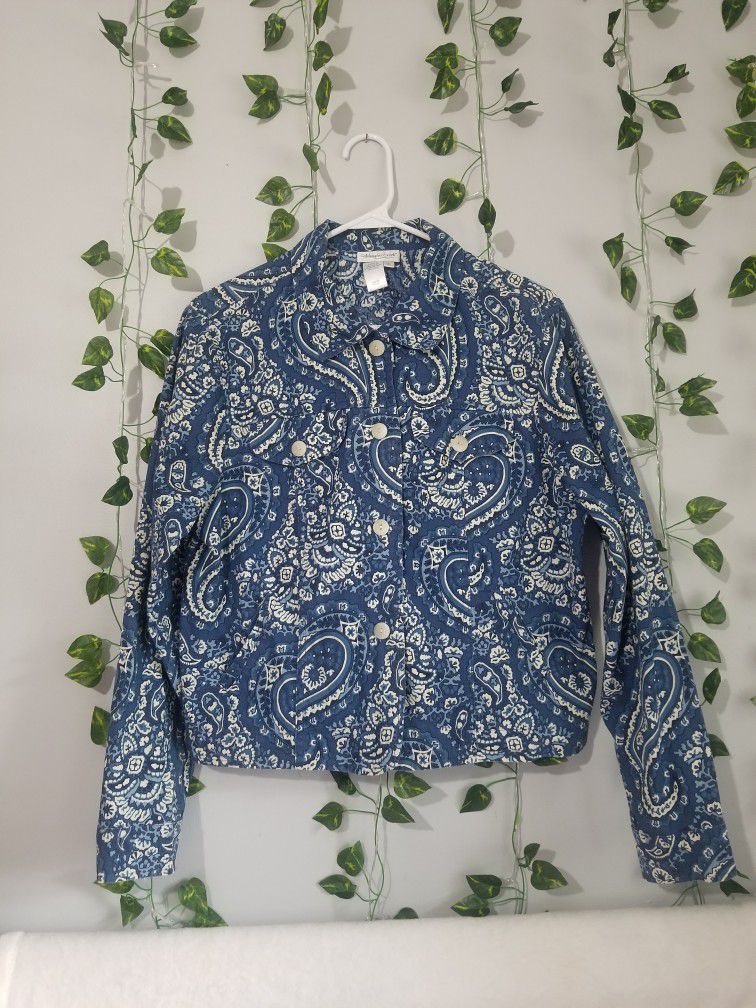 Cold Water Creek Blue Paisley Cotton Button Up Shirt Jacket LARGE US Made