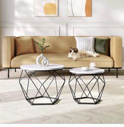Small Coffee Table Set of 2, Round Coffee Table with Steel Frame, Side End Table for Living Room, Bedroom, Office, Marble White and Ink Black