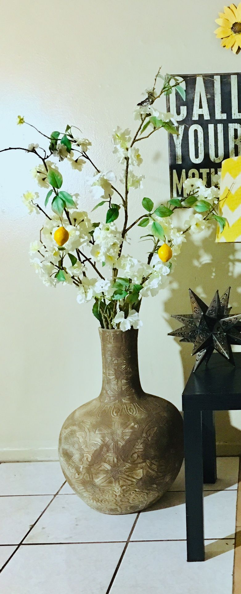 Extra Large Custom Floor Vase & Flowers-Intricately Hand arced Designs-Stands Over 4 Feet Tall In Total