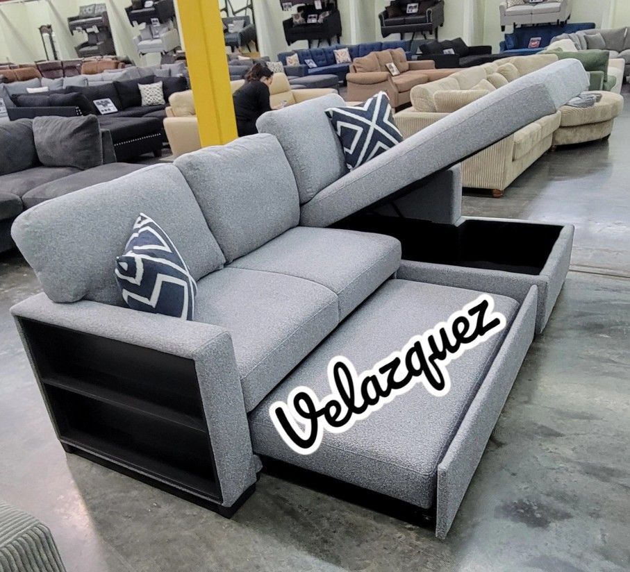 ✅️✅️2 pc Grey boucle fabric sectional sofa with pop up sleep area and storage chaise drop down tray table wireless charging✅️✅️✅️