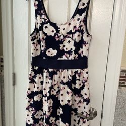 Midnight Blue & White Sleeveless Floral A-line Dress For Teens