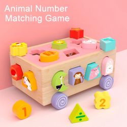 Wooden Car Shape Sorter Car Toy With 18 Animal Blocks For Toddlers 2 Years+