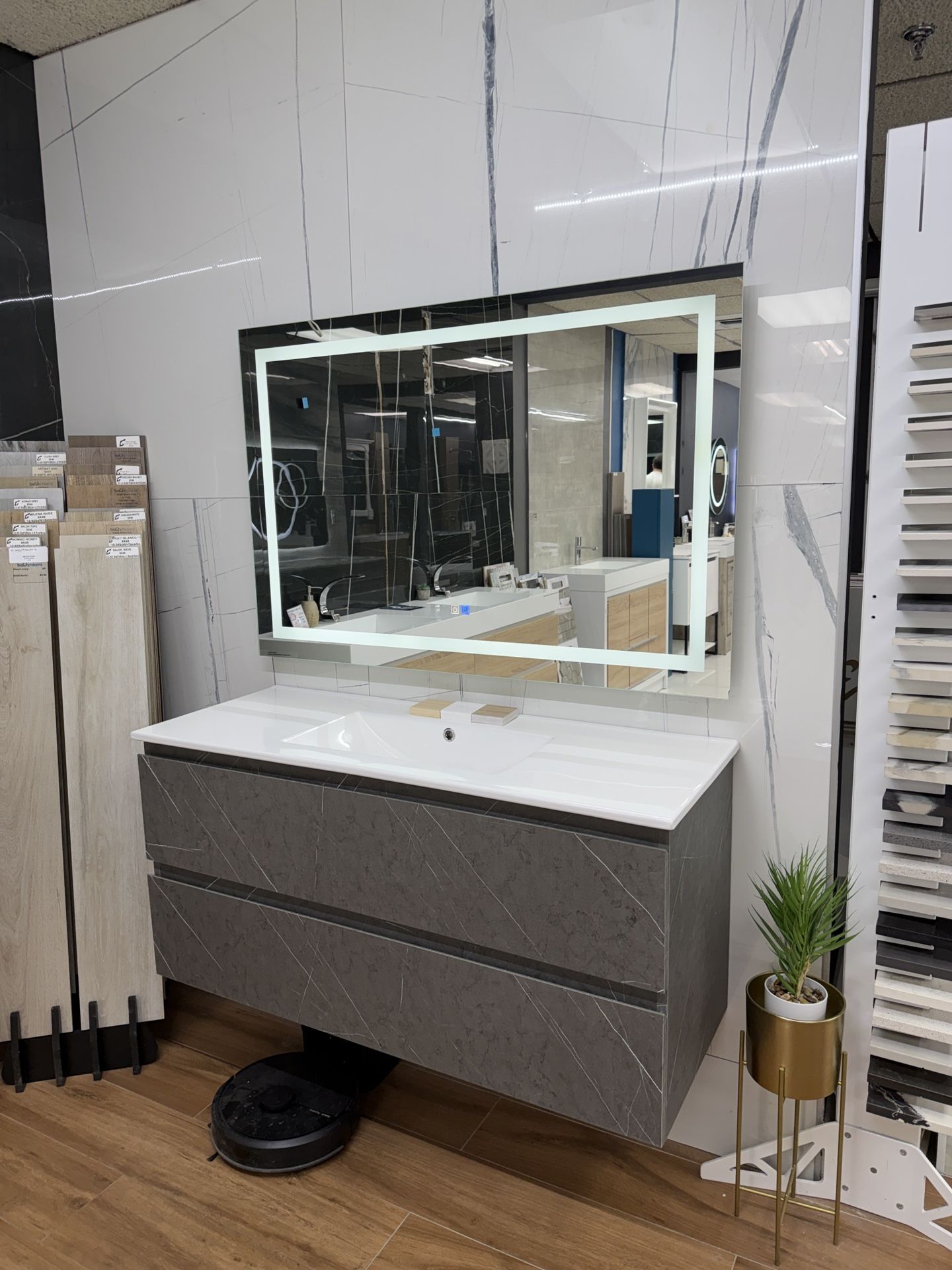 48” Cement Gray Floating Bathroom Vanity With LED Light Drawers