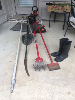 Shovel($12) flat head tool($15), hammer($3)& saw ($3) left .