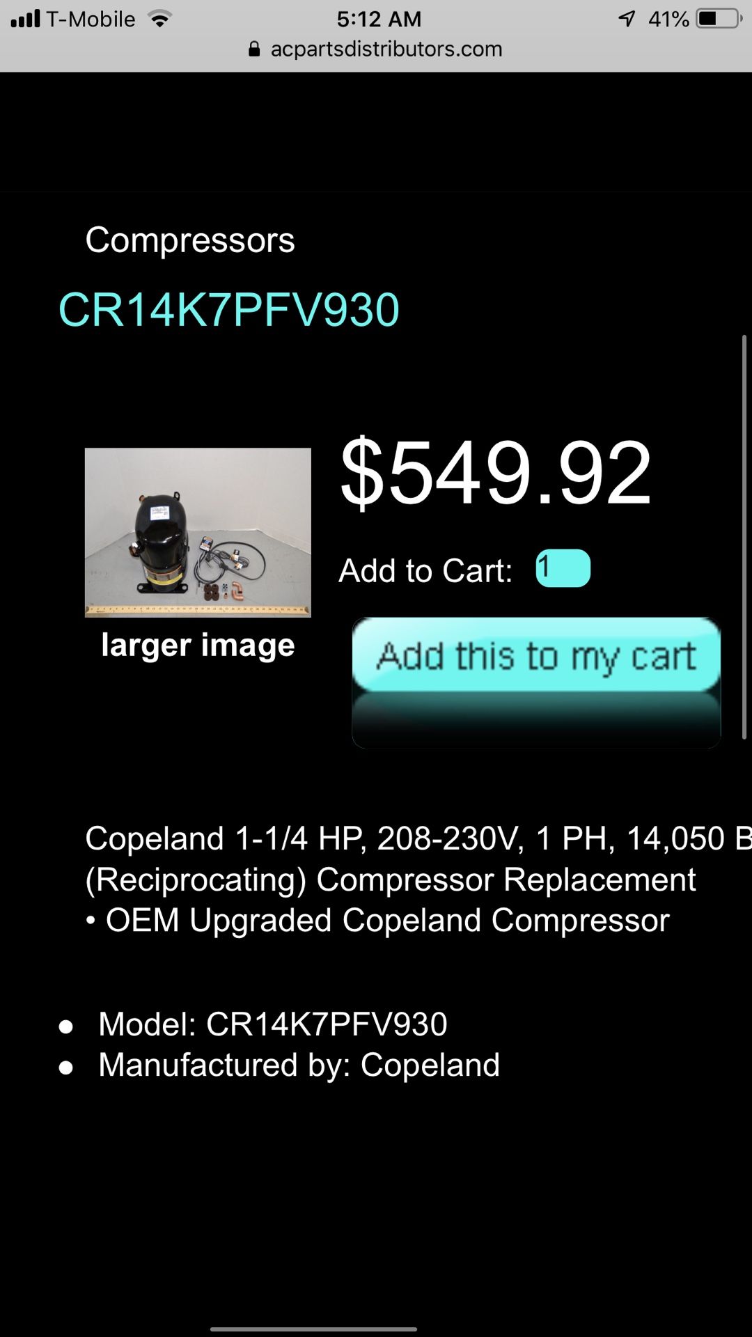 Copeland Compressor CR14k7pfv930