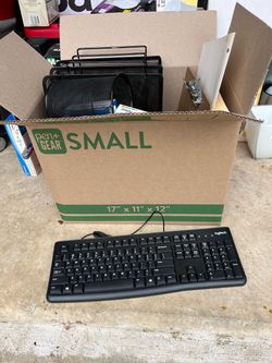 Box of new and gently used office supplies