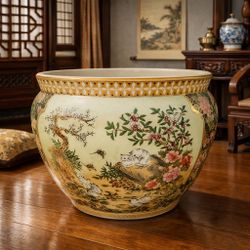 12x15” Large Chinese jar planter container, flower pot, fish pot vintage Antique Collectible Home Decor