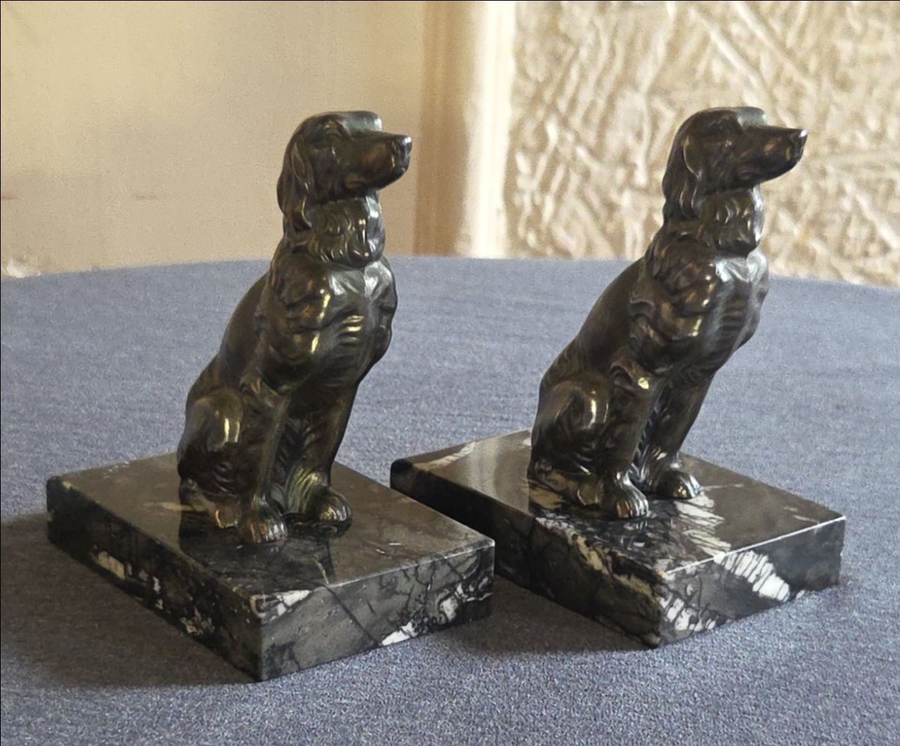 Vintage Pair Of Spelter & Black Marble Setter Bookends. 6" x 3" 2", No Chips, No Cracks, Nice Condition.