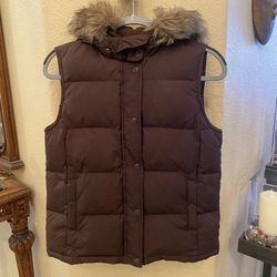 Vintage GAP Women Brown Faux Fur Puffer Hoodie Y2K Vest Size Small