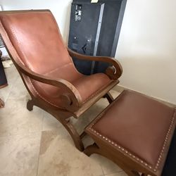 Teak And Leather Accent Lounge Chair with Ottoman