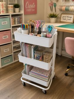 White Three Tier Rolling Storage Cart Shelf! Good condition! 17x12x30in