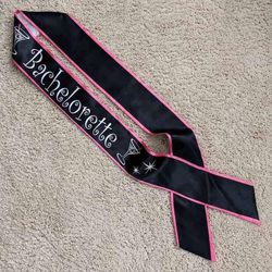 Bachelorette party satin fabric black white pink cloth sash accessory with martini glass and star graphics