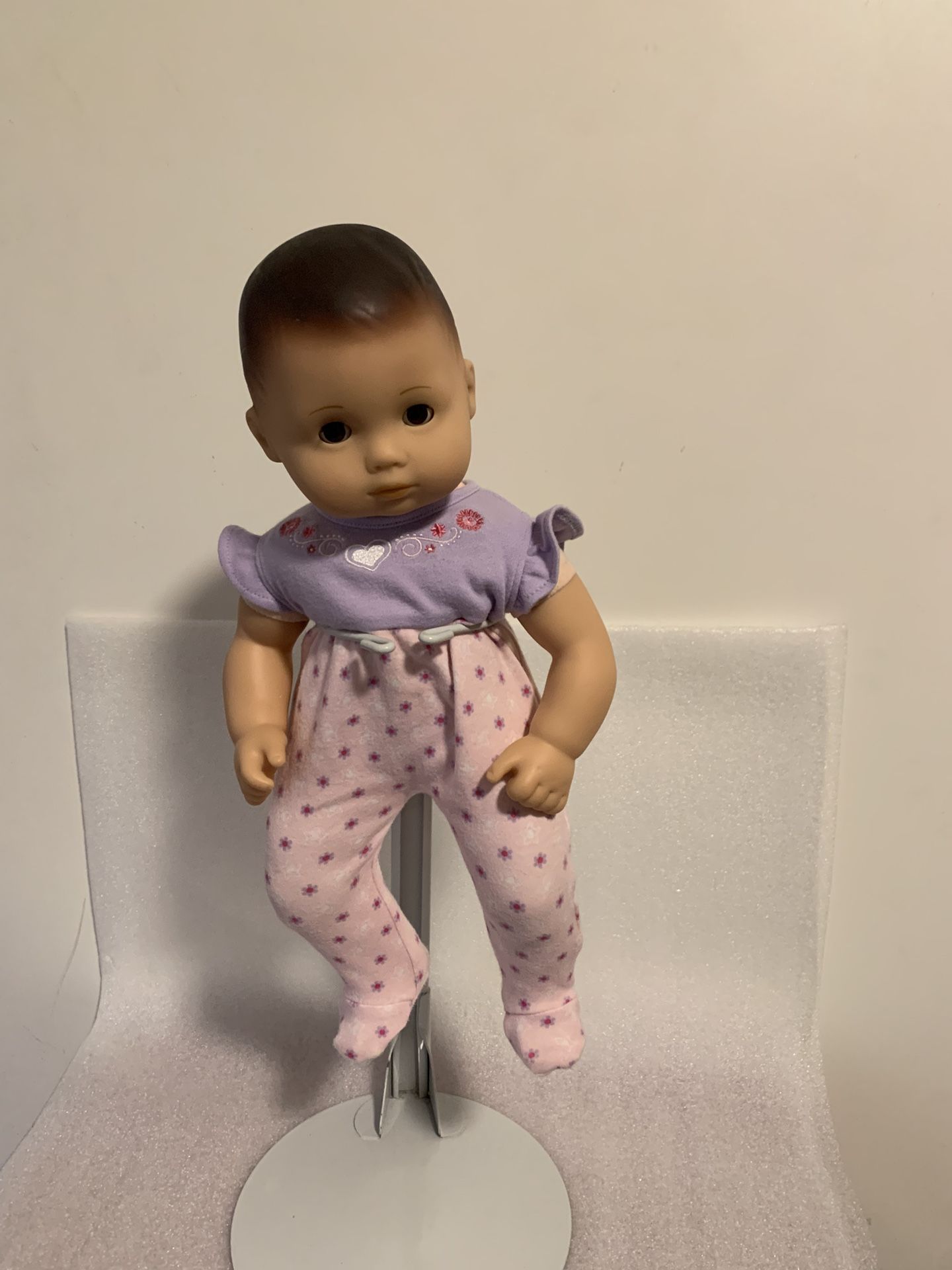 American Girl Bitty Baby Doll Black Hair Brown Eyes Babydoll Wearing diaper and sleeper