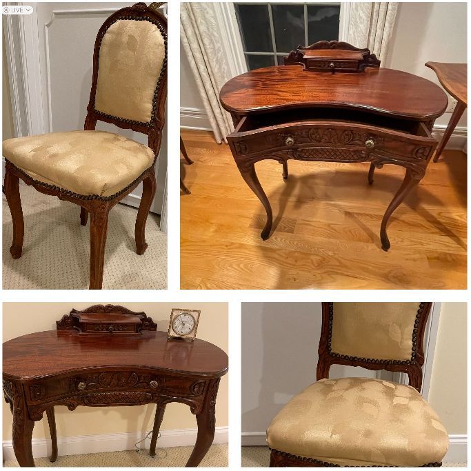 Small wooden antique vanity desk and Small Yellow leaf pattern chair