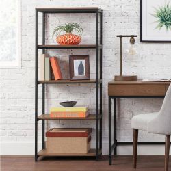 58 in. Black Metal/Haze Wood Finish 5-shelf Accent Bookcase with Open Back