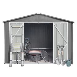 10ft x 12ft Metal Garden Sheds donning a charming grey look, creating a convenient outdoor storage option for your holiday lights and garden decor