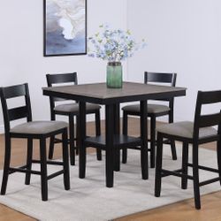 Brand New Gray/Black Counter High Dining Table (40"×40"×36"H) + 4 Gray Linen Chairs