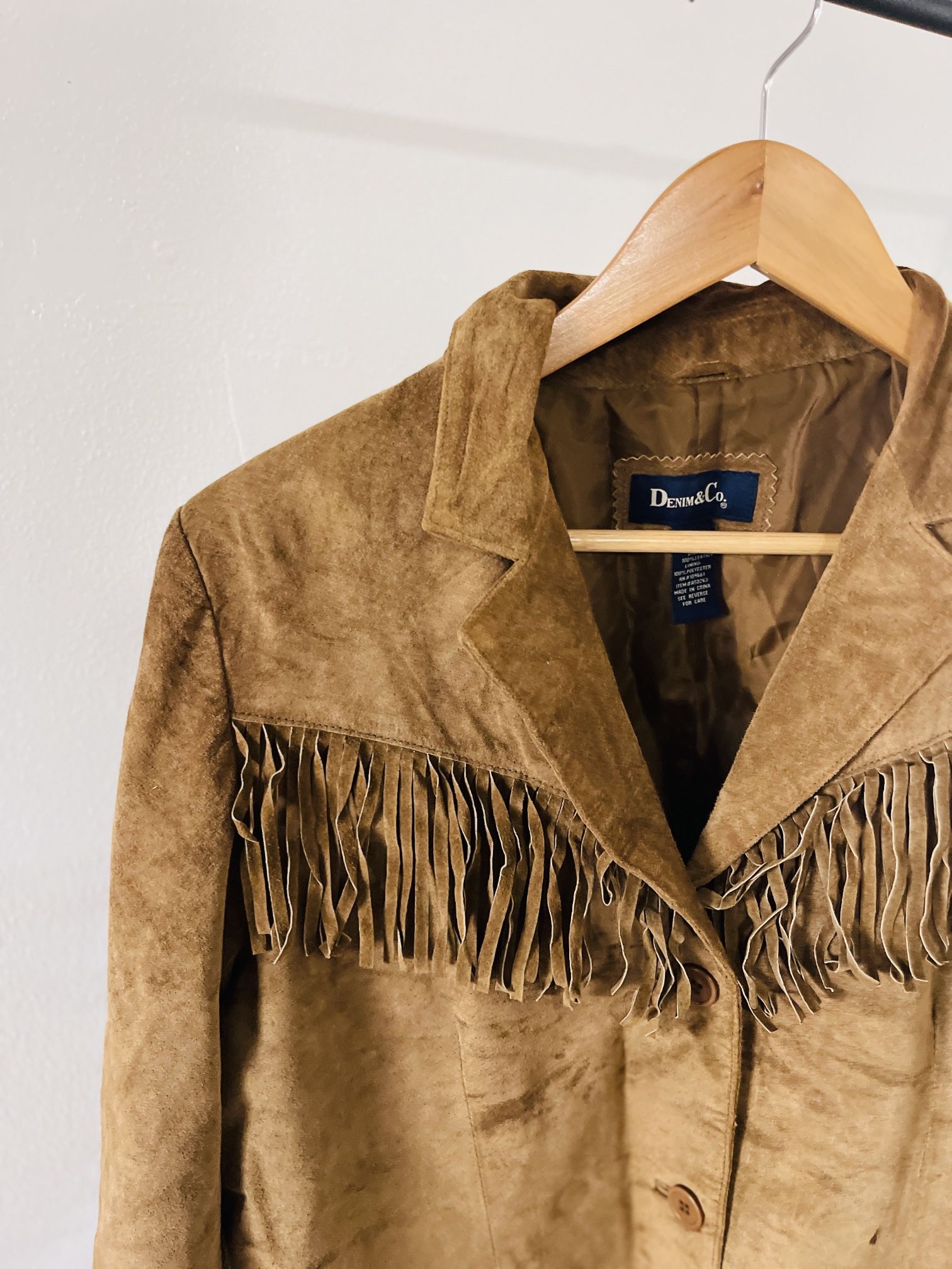 Vintage suede denim & co leather fringe jacket. Bin G