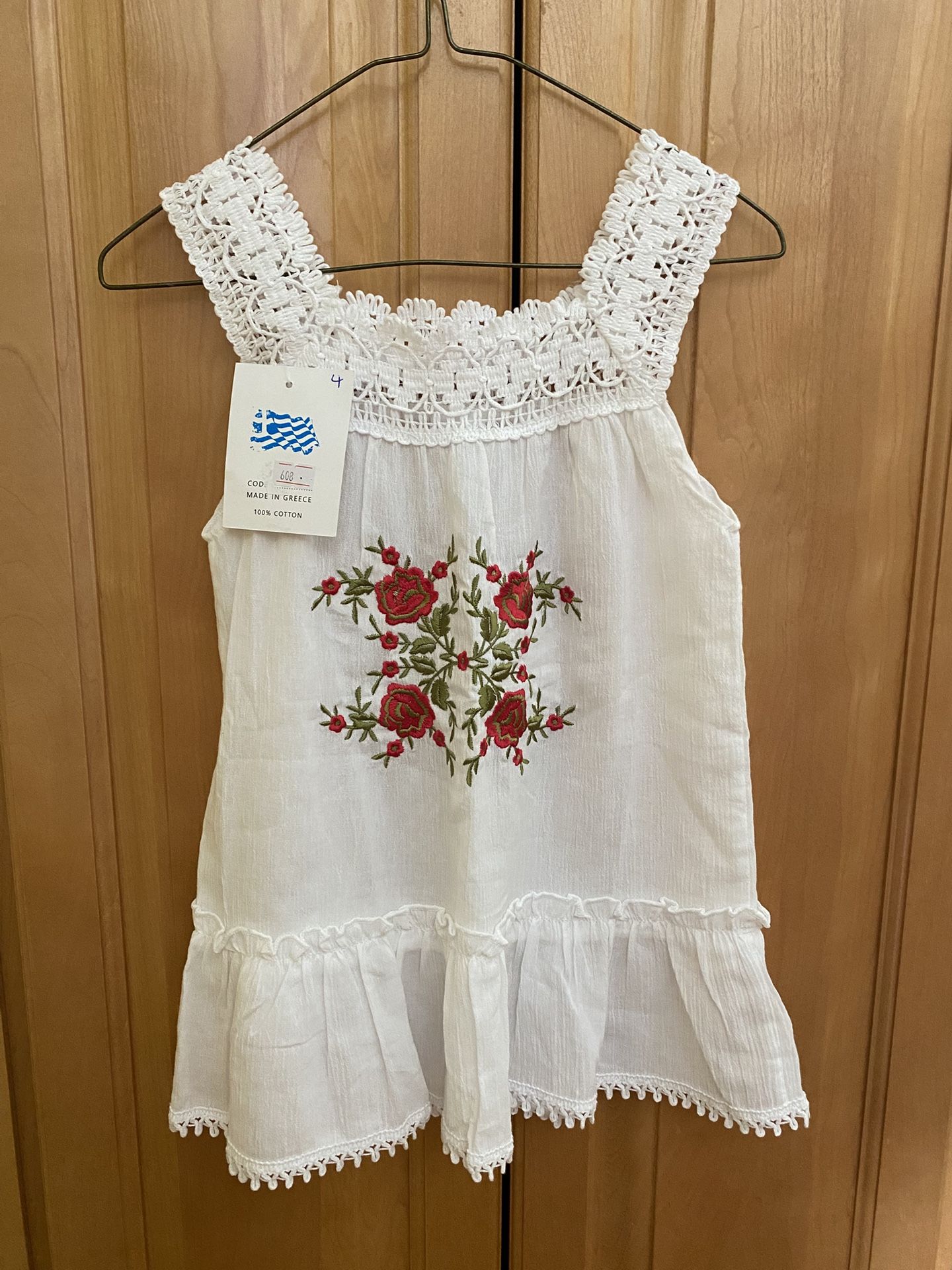 domna bogioka Children’s White Cotton Summer Dress With Red Embroidered Roses Made In Greece Size 4 New With Tag