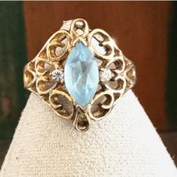Vintage Sterling Silver Gold Vermeil Filigree Ring Blue Marquise Stone 925
