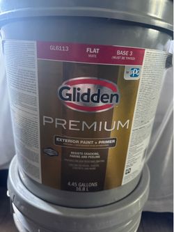 Glidden premium exterior paint and primer ( flat base 3 ) 5 gallons.