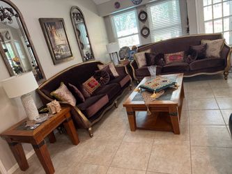 Coffe table and two side tables, Dark Brown Velvet Sofa Set with Gold Wood Frame