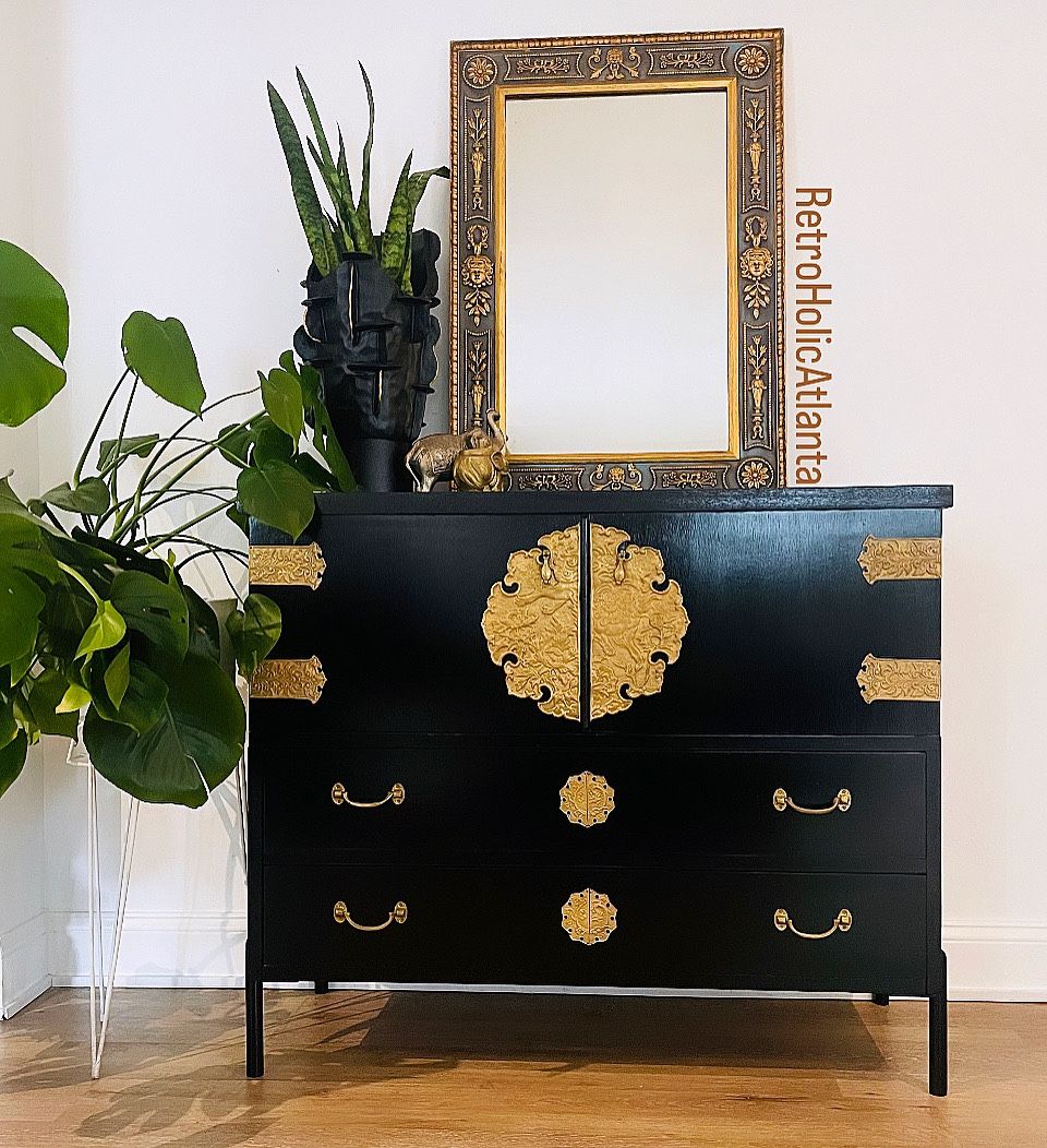 Hollywood Regency Chinoiserie Black Lacquer and Brass Sideboard Credenza, Newly Refinished