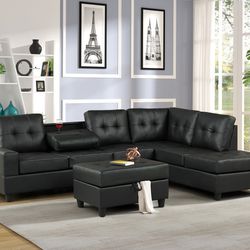 BLACK LEATHER SECTIONAL WITH OTTOMAN 