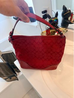 Coach Medium Y2K Red F12883 Signature Canvas and Leather Trim Shoulder Bag Tote