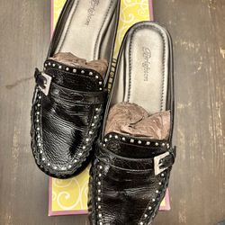Brighton Meme black croc/crinkle patent mule loafer