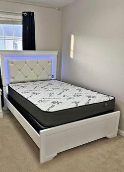 White Bed Frame with LED Tufted Headboard