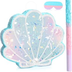 Mermaid Piñata Ocean Supplies Pull String Seashell w/ Blindfold & Bat for Girls