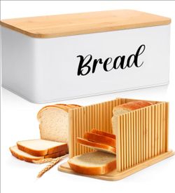 Bread Box with Bread Slicer Storage Container for Kitchen Countertop Food Storage with Multifunction Bamboo Lid, 3 in 1 Breadbox Removable Cut Board f
